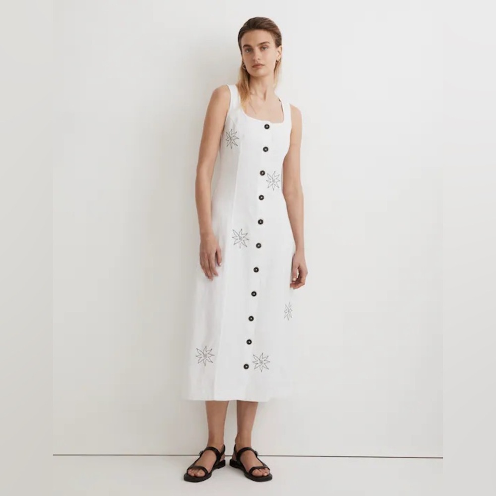 Madewell White Button-Front Midi Dress with Black Embroidery
